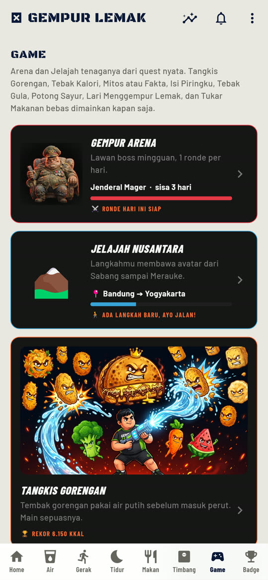 Layar tab Game: Gempur Arena, Jelajah Nusantara, Tangkis Gorengan