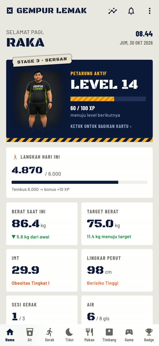 Layar utama Gempur Lemak: avatar Sersan level 14, langkah hari ini, berat dan target
